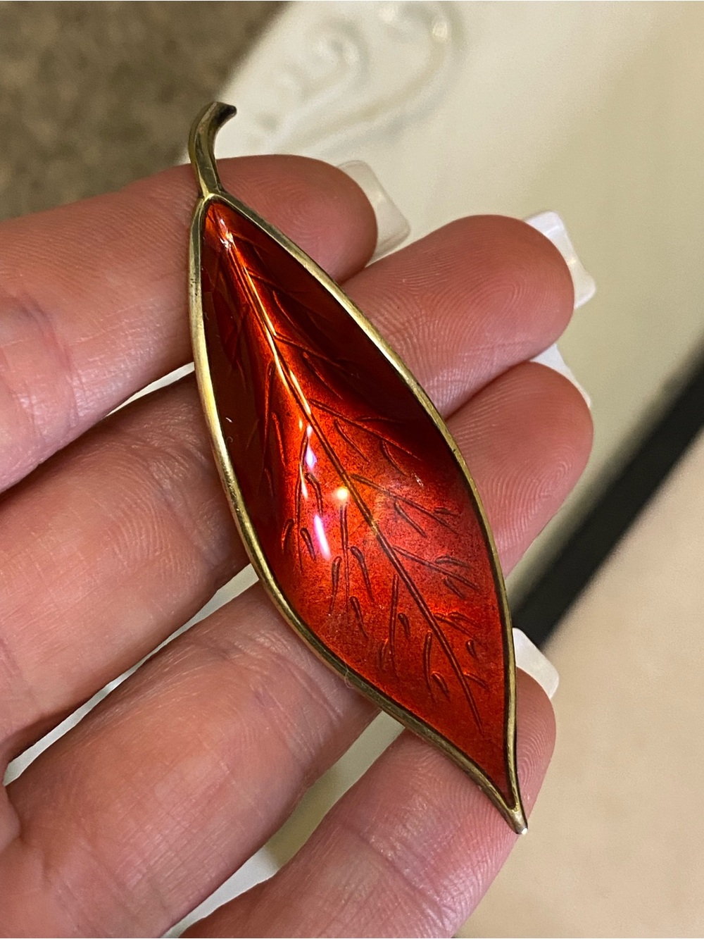 Vintage David Anderson Red Guilloche Enamel Leaf Brooch Sterling Silver